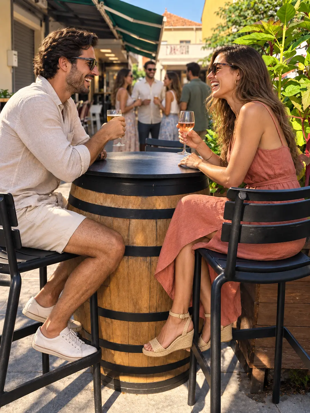 Deux personnes prennent un verre à une table haute sur la terrasse de Tu Casita