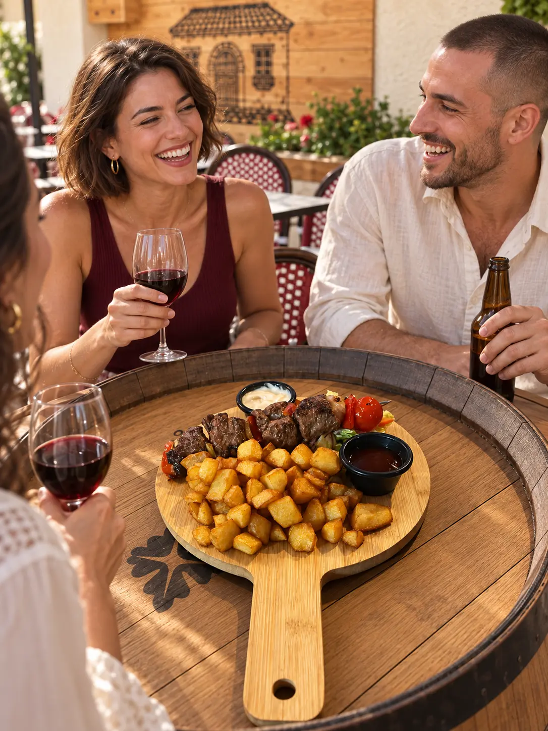Brochette accompagnée de pommes de terre et de sauce, servie sur une planche ronde