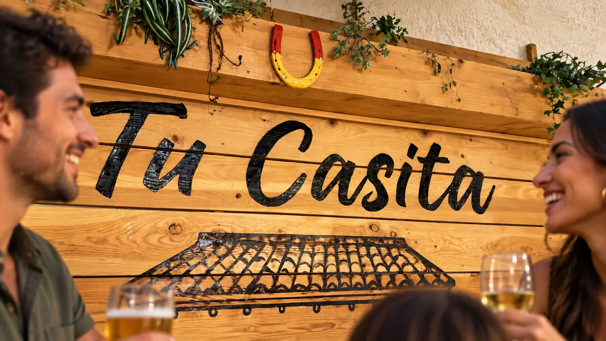 Le nom Tu Casita pyrogravé sur le panneau, entre deux personnes en terrasse