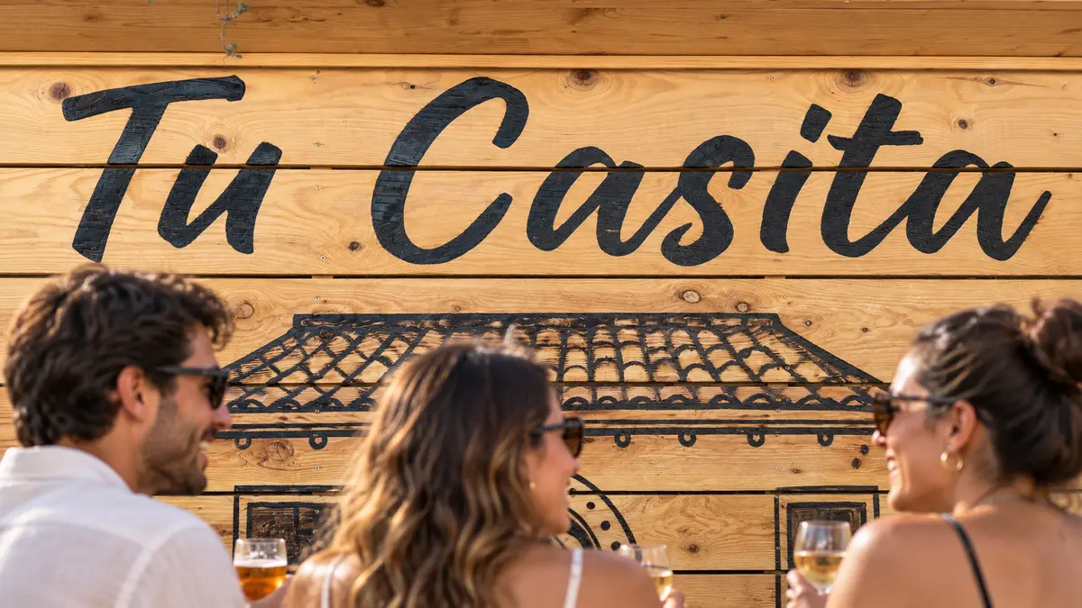 Le nom Tu Casita et la maison pyrogravés, derrière des convives en terrasse
