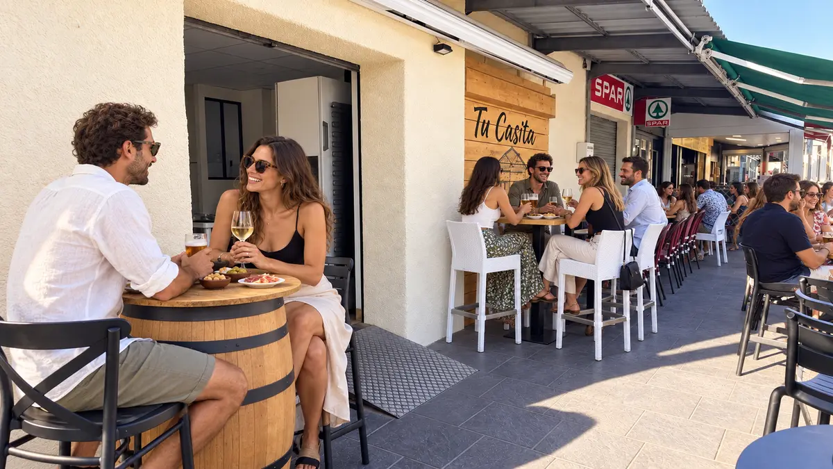 Entrée de Tu Casita et tables en terrasse sous le store, juste à côté du Spar