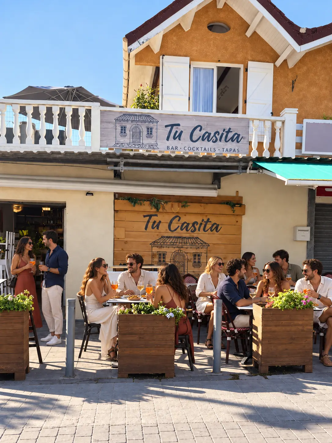 Façade de Tu Casita, balcon et terrasse animée sur la place des Mûriers