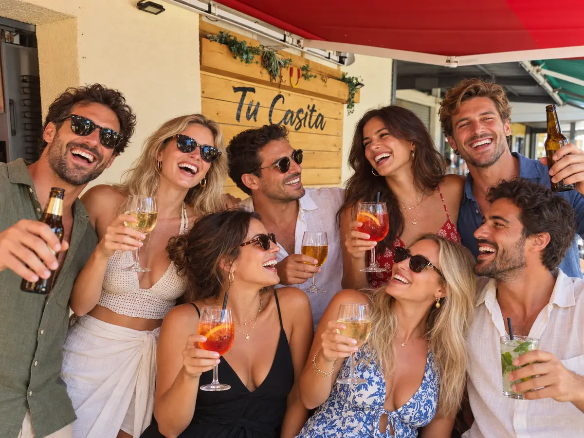 Groupe trinquant avec des cocktails et des bières sur la terrasse de Tu Casita
