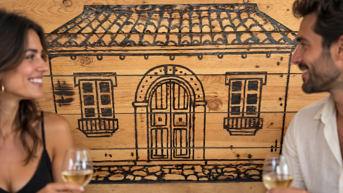 Détail de la maison espagnole pyrogravée sur le panneau de Tu Casita