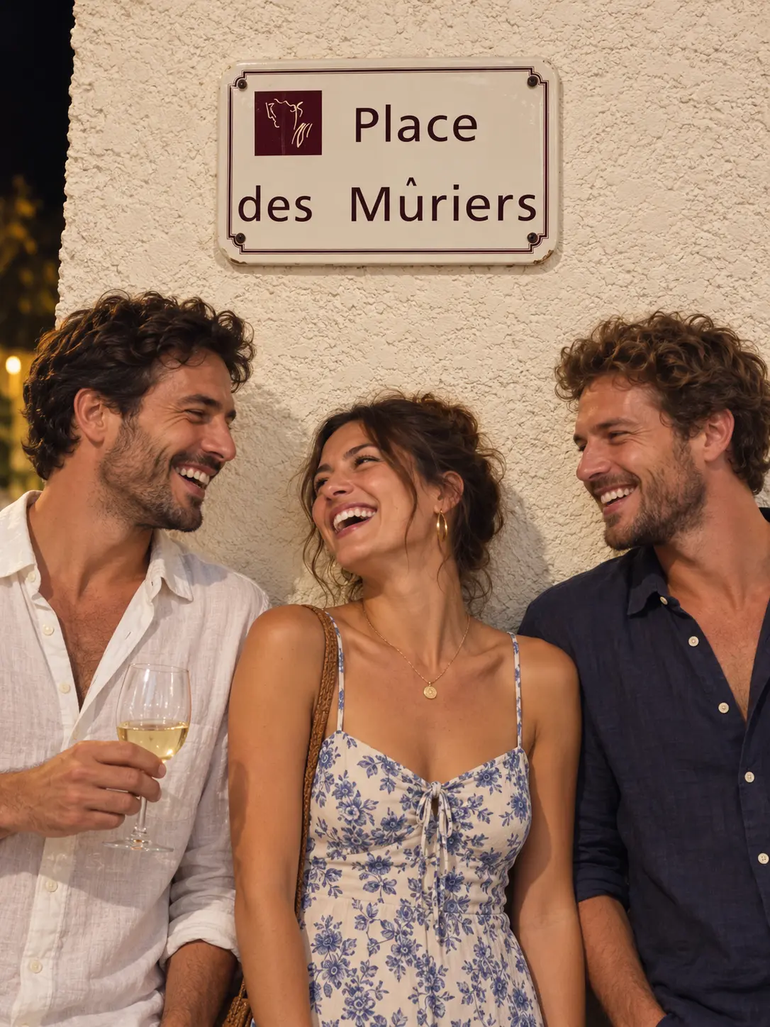 Trois personnes prennent un verre sous la plaque « Place des Mûriers »