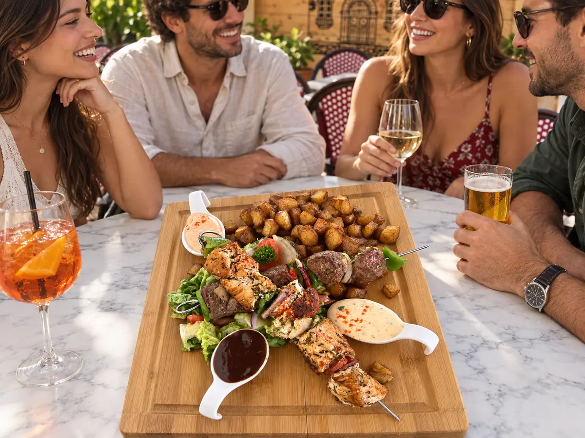 Assortiment de brochettes avec pommes de terre, salade et sauces sur une planche