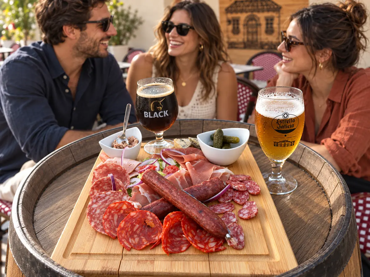 Planche de charcuterie accompagnée d’un bol d’olives, avec des verres de bière