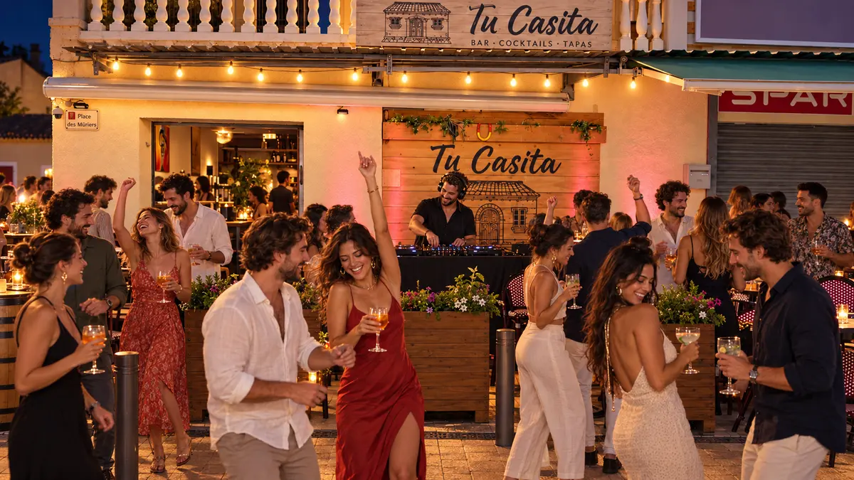 Soirée en terrasse devant Tu Casita, avec un DJ aux platines et la façade illuminée