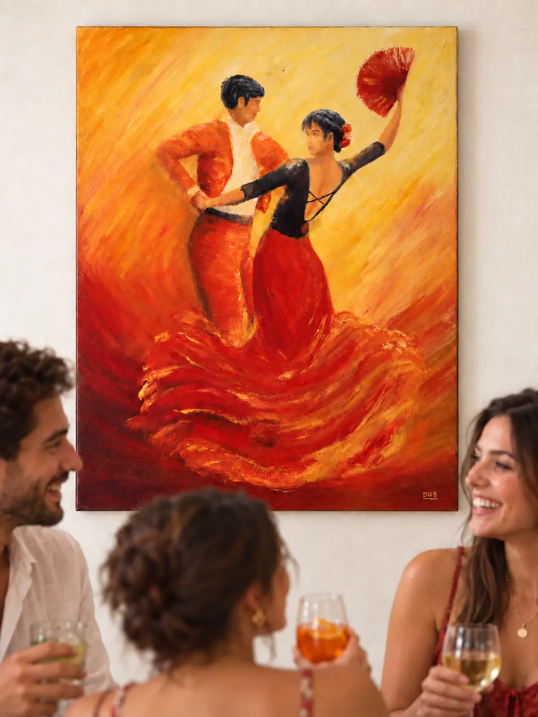 Tableau d’une danseuse de flamenco en robe rouge, derrière des convives