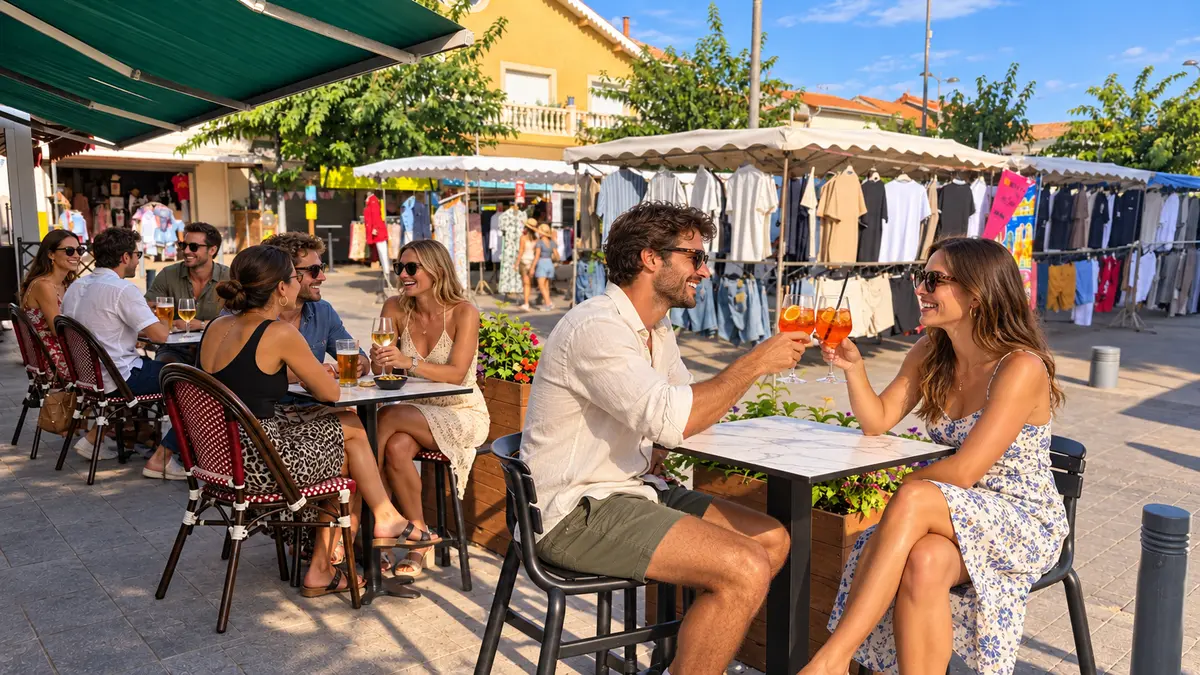 Convives en terrasse devant les étals du marché de la place des Mûriers