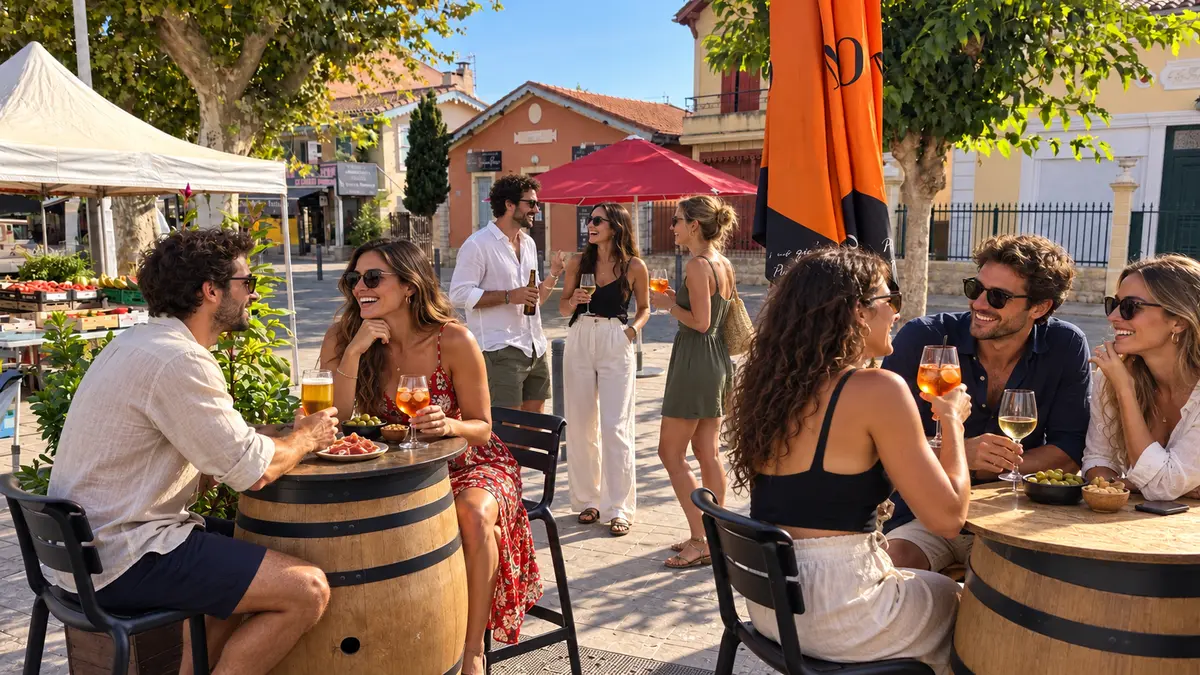 Tables de Tu Casita ouvertes sur la place des Mûriers et ses étals de marché