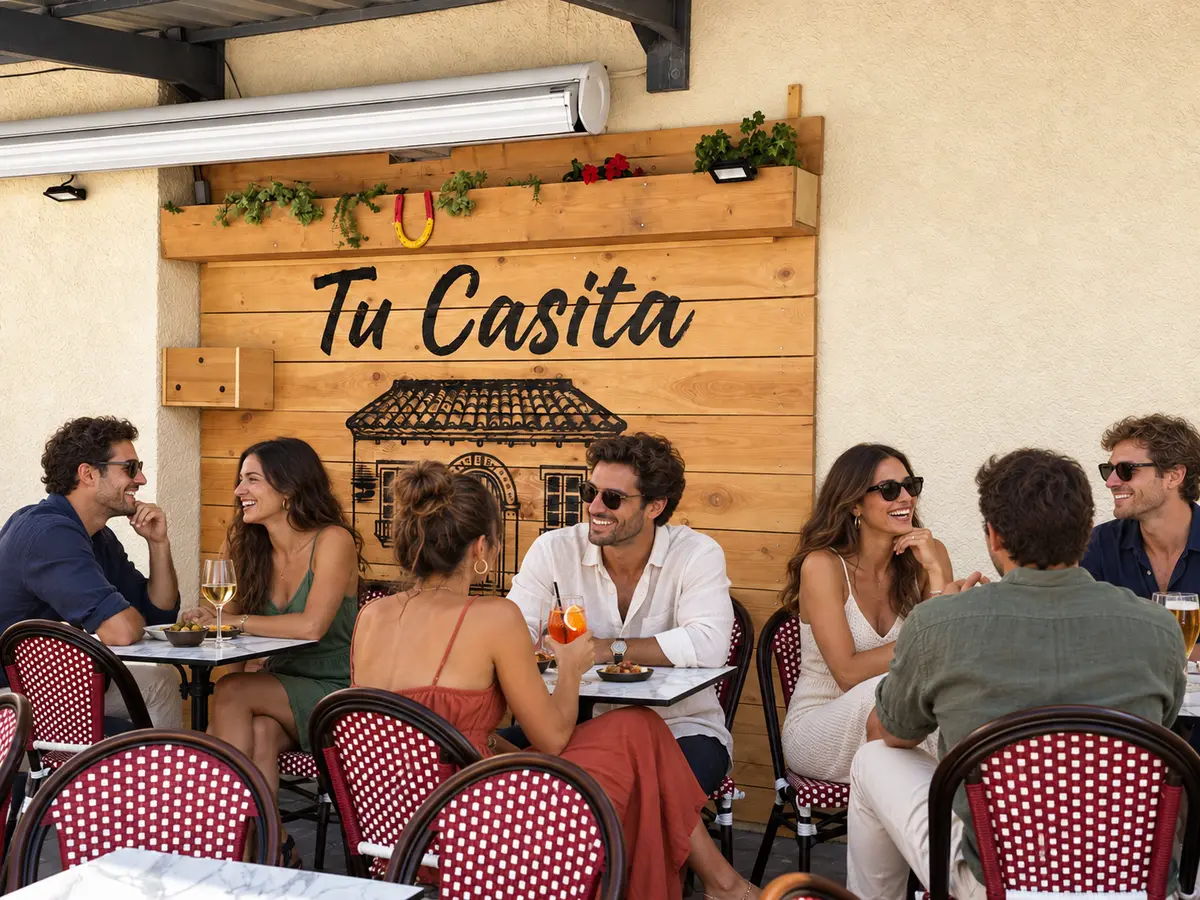 Convives attablés sous le store, devant l’enseigne pyrogravée de Tu Casita